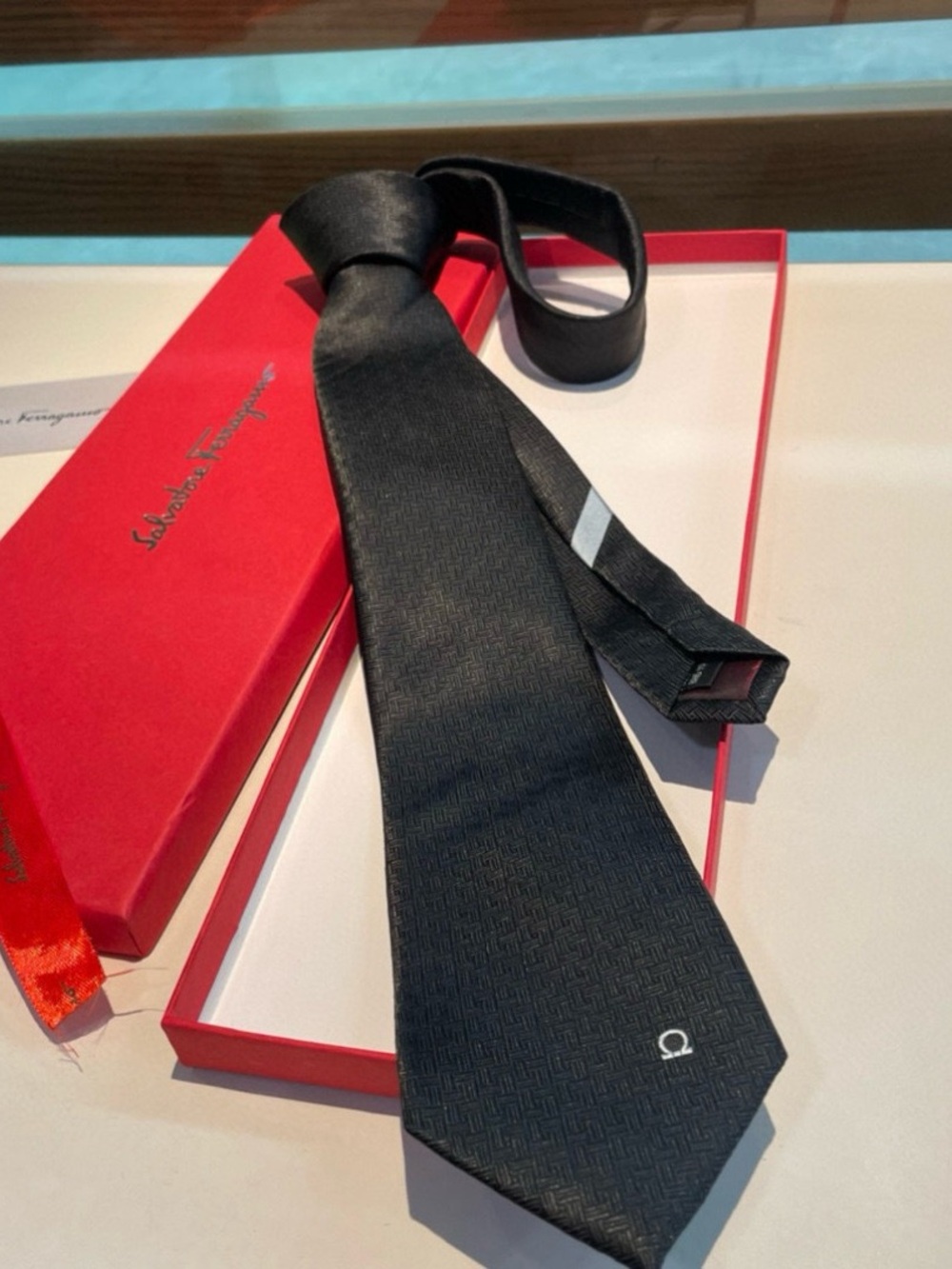 Salvatore Ferragamo Black Textured Silk Tie with Signature Detail